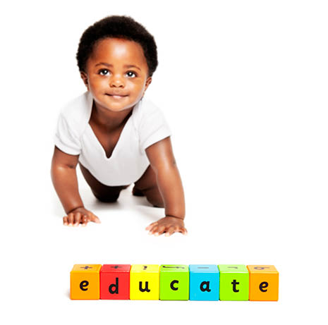 Studio photograph of a baby with baby blocks spelling out the word educate  The blocks are in focus in the foreground while the baby os slightly blurred in the background  Illustrating the importance of education 