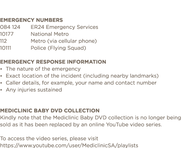 EMERGENCY NUMBERS 084 124 ER24 Emergency Services 10177 National Metro 112 Metro (via cellular phone) 10111 Police (F   